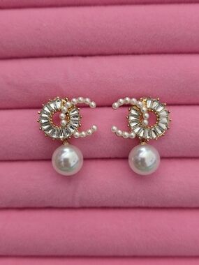 Pearl Drop Earrings with Crystal Accents - Pink